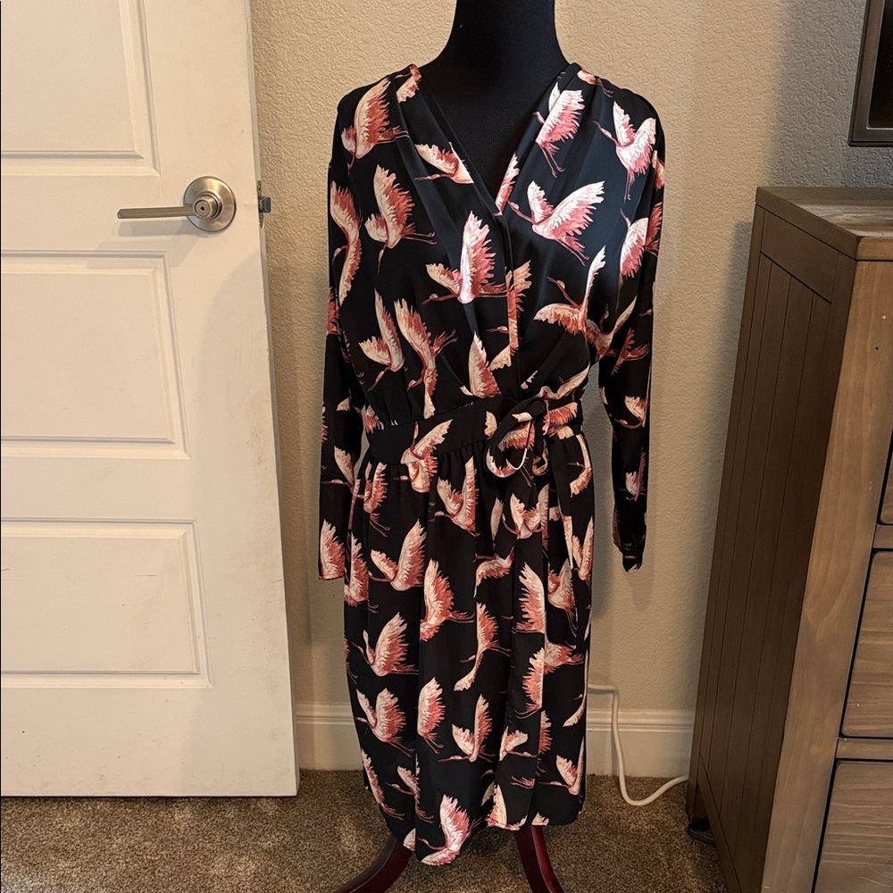 MNG Suit Black Wrap Dress with Dusty Rose Bird Print